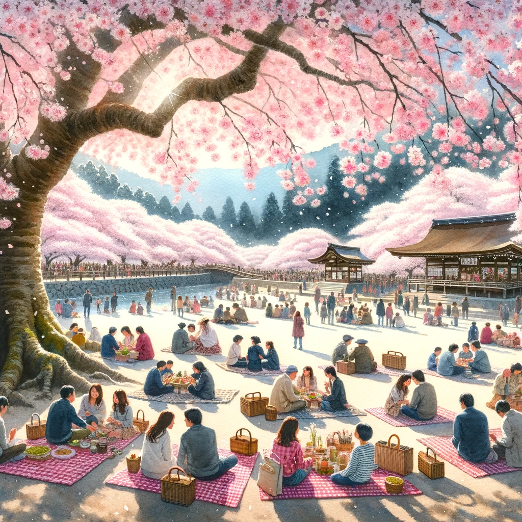 小川諏訪神社での桜の下でのピクニック体験を描いた穏やかで楽しい水彩画