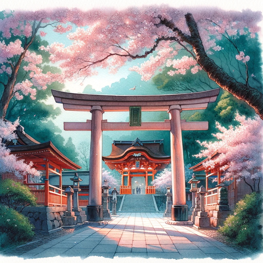 品川神社の桜: 品川神社の鳥居と満開の桜が春の訪れを感じさせる穏やかな風景を水彩画で表現しています。