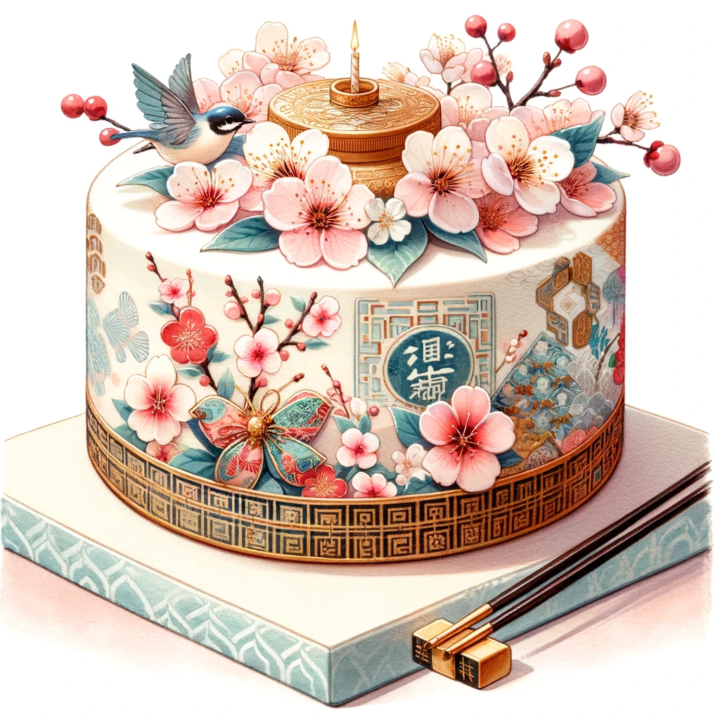 伝統的な日本のモチーフに桜の装飾が施された、上品でモダンなひな祭りケーキ。水彩画風の優雅な表現が魅力的。