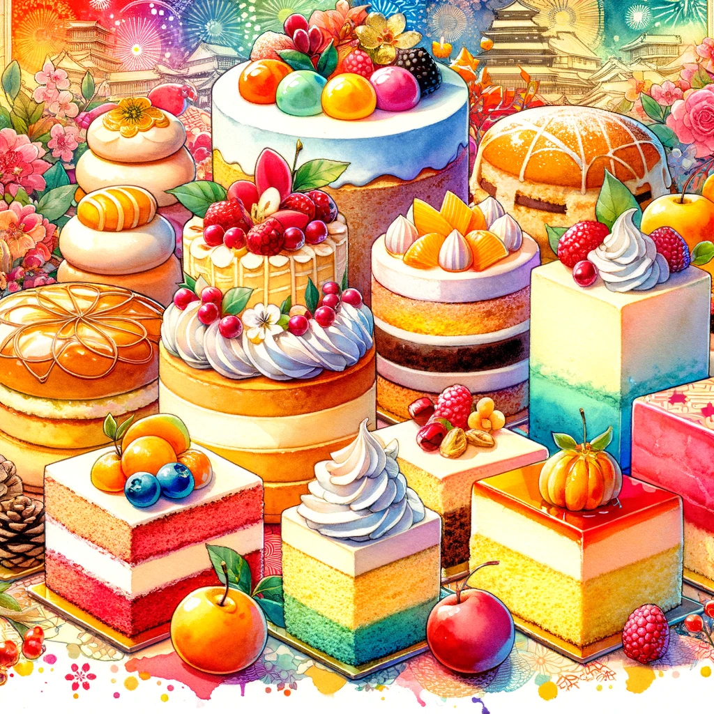 色とりどりのケーキが祭りの雰囲気を盛り上げる、ひな祭り向けの華やかなイメージ。不二家の多様で美しいケーキが特徴的。