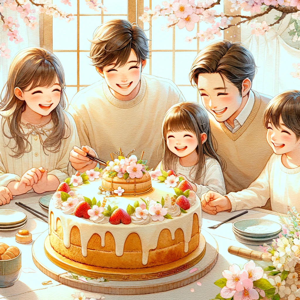 家族がチャトレーゼの雛祭りケーキを楽しんでいる心温まるシーン。子供たちが笑顔で、背景に桜の花があります。