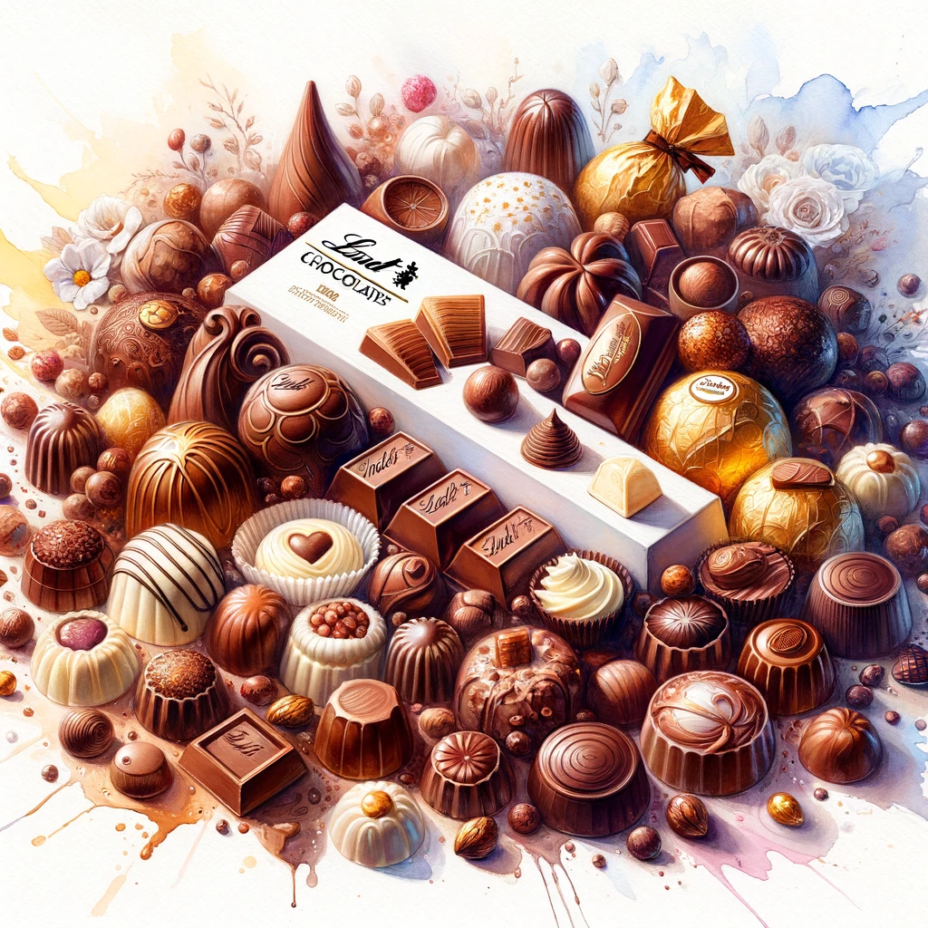 ホワイトデー2024にふさわしい、様々なリンツのチョコレートが美しく並べられている画像