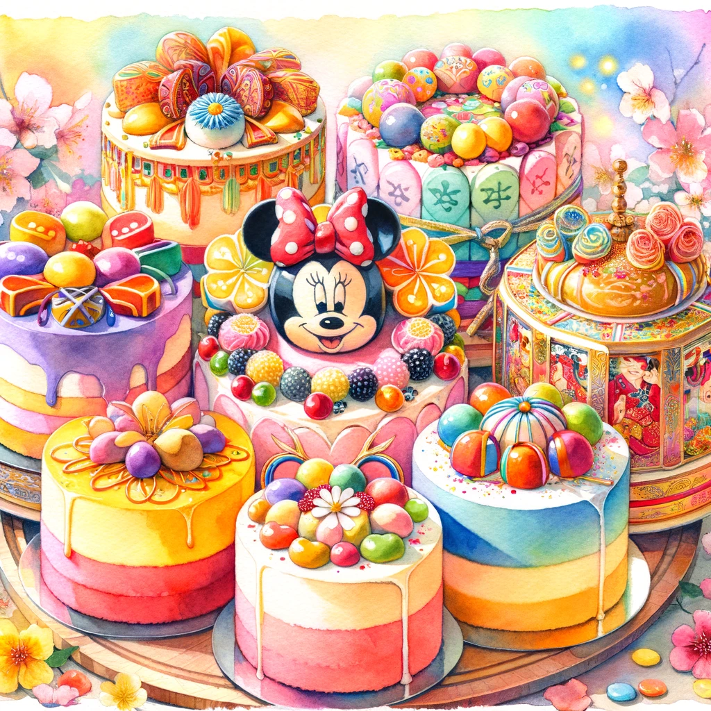 コージーコーナーのカラフルな雛祭りケーキの様々な種類を描いた活気ある水彩画。人気のミニーマウスデザインも含まれています。