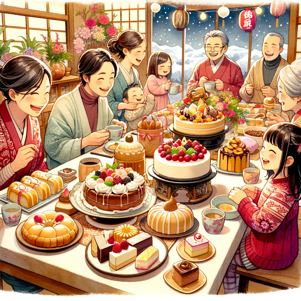 家族が一緒にひな祭りを祝う温かいシーン。テーブルには様々な美味しいケーキやスイーツが並び、祭りの本質を捉えた楽しい雰囲気。