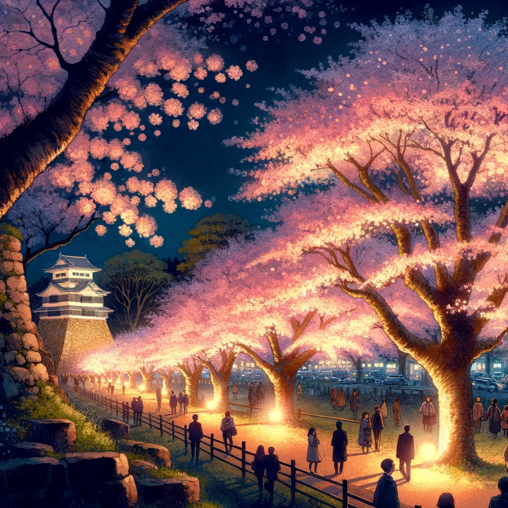 夜の鹿野城跡公園桜祭りを描いた画像