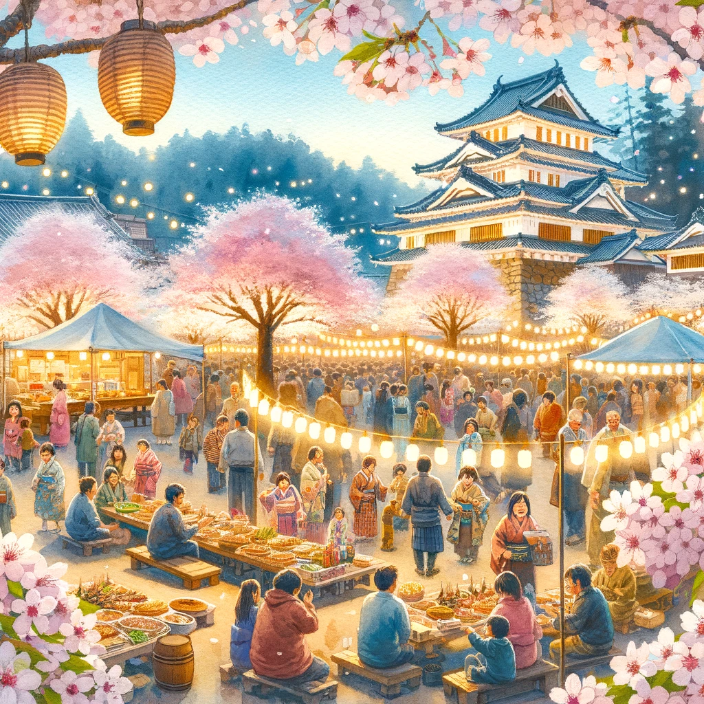 白河小峰城での桜祭りを楽しむ人々