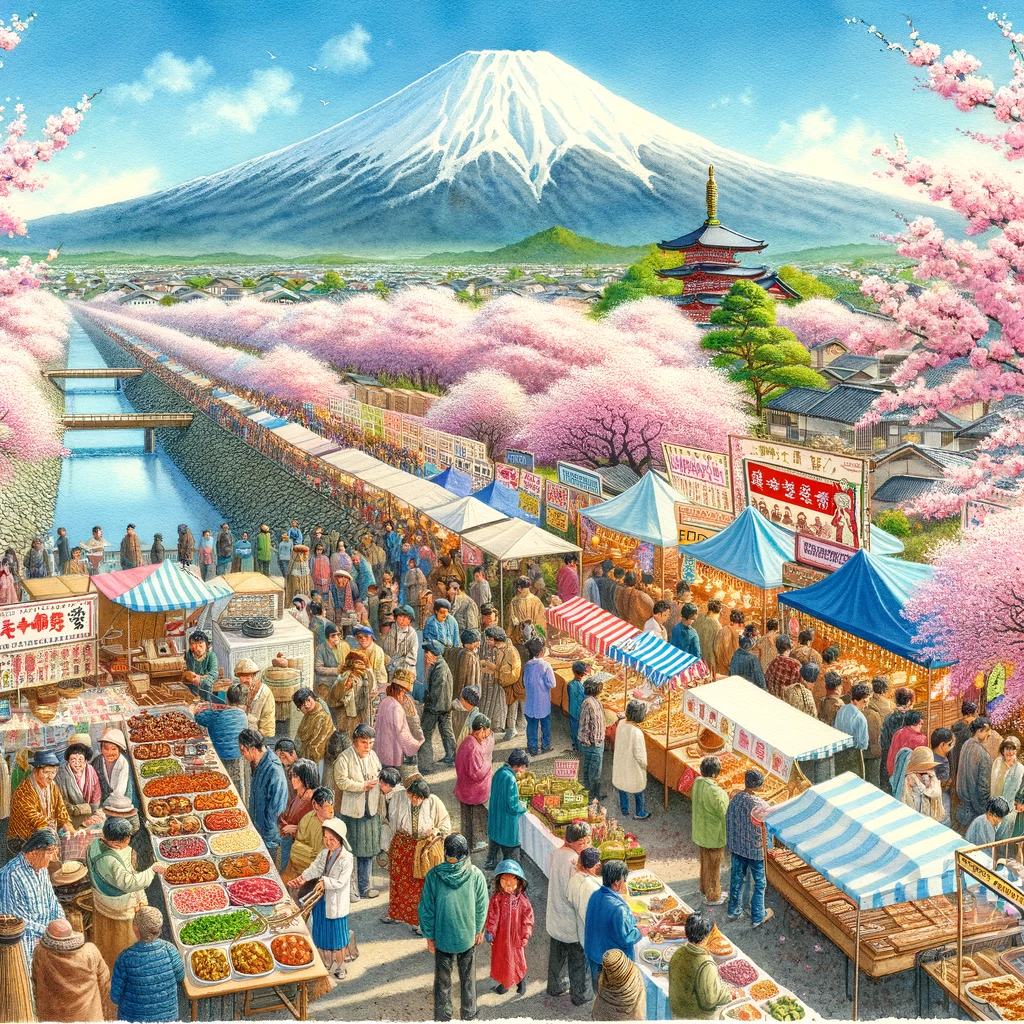 観音寺川桜まつりの賑やかな雰囲気を描いた水彩画