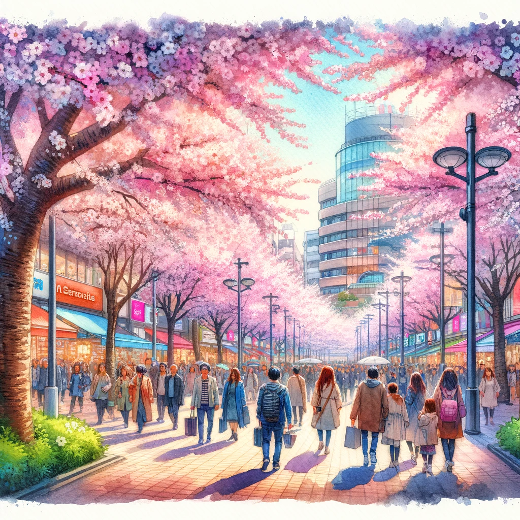 横浜・みなとみらい21桜フェスタ2024の桜通り: みなとみらい21桜フェスタ2024での活気ある桜通りを描いた水彩画で、満開の桜の下を歩く人々の楽しげな様子を捉えています。