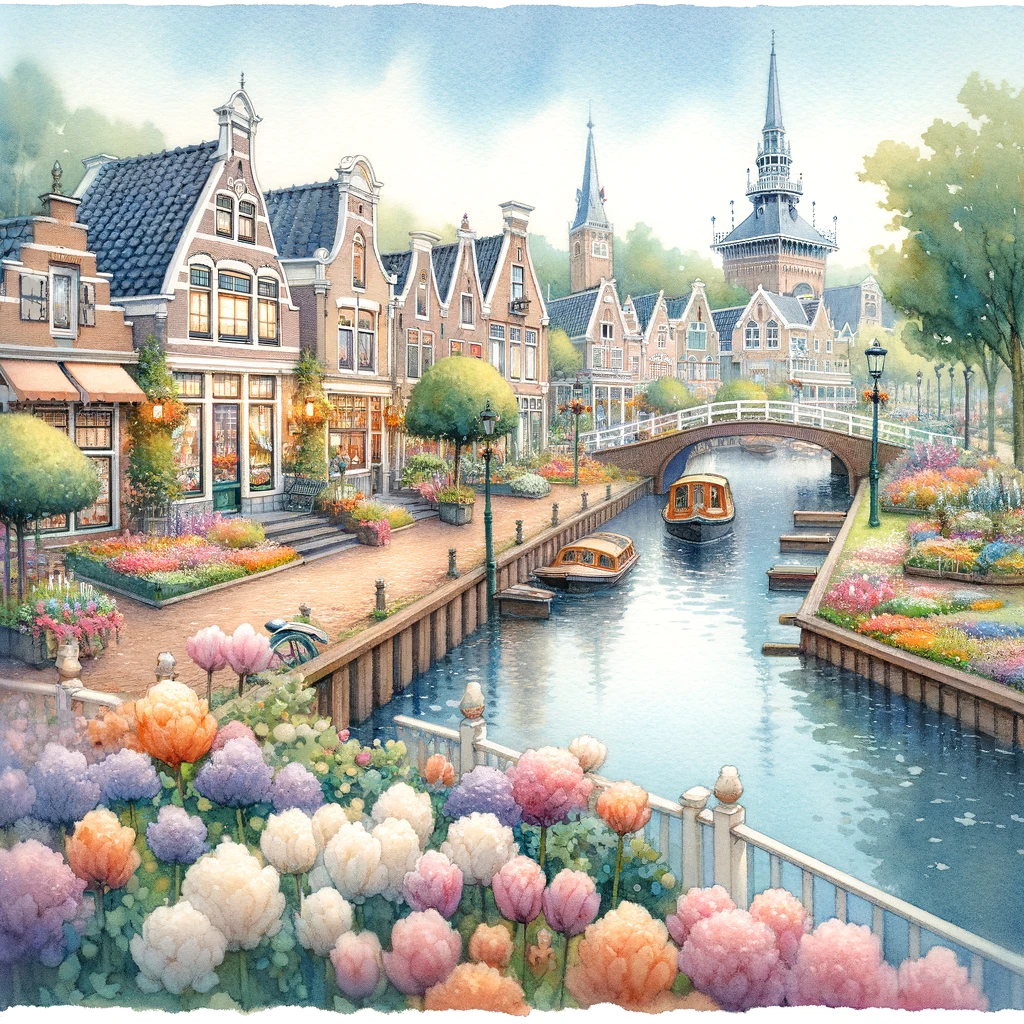 ハウステンボスの絵画的な運河、伝統的なオランダ式建築、そして鮮やかな花園の魅力を捉えた水彩画。静寂と驚異の感覚を伝える、柔らかく調和のとれた色彩が平和な雰囲気と建築の美しさを映し出しています。