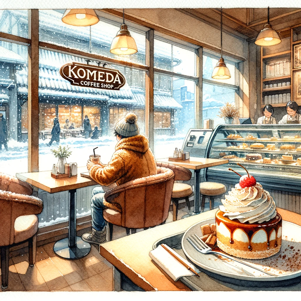 冬のコメダ珈琲店の内装を暖かく描いた水彩画。雪が窓の外に見える中、シロノワール・ショコラパッションを楽しむ人が描かれています。