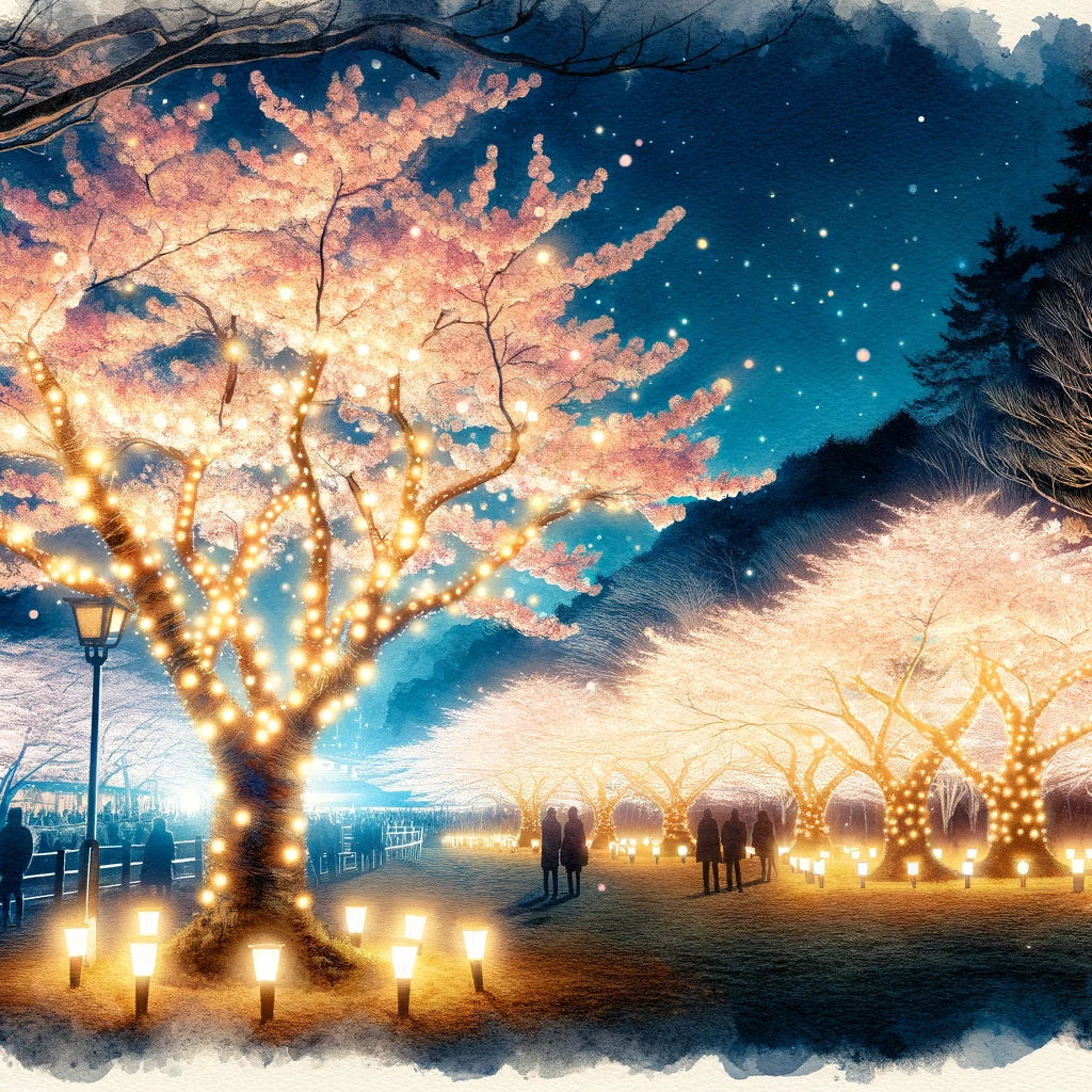 里見公園の夜桜がライトアップされている幻想的な景色