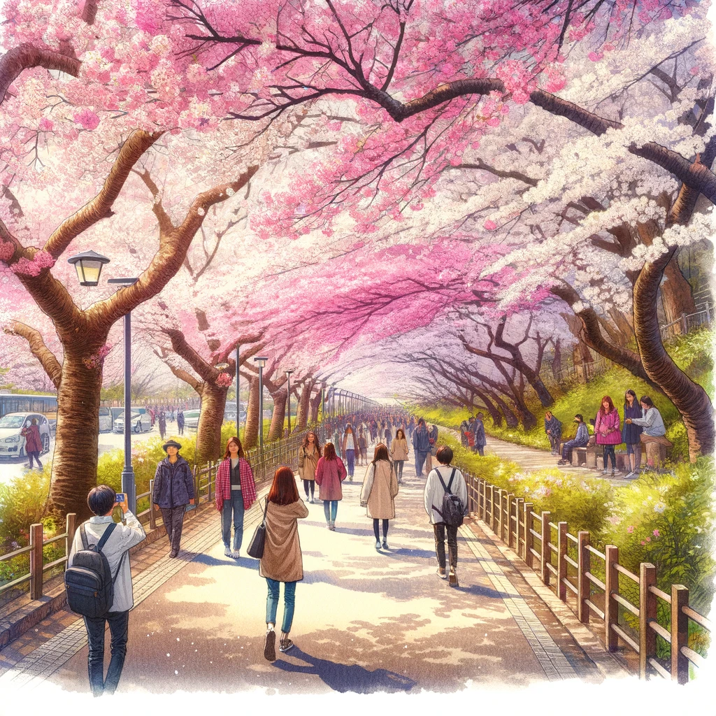 明石公園の桜が並ぶ小道を散歩する人々