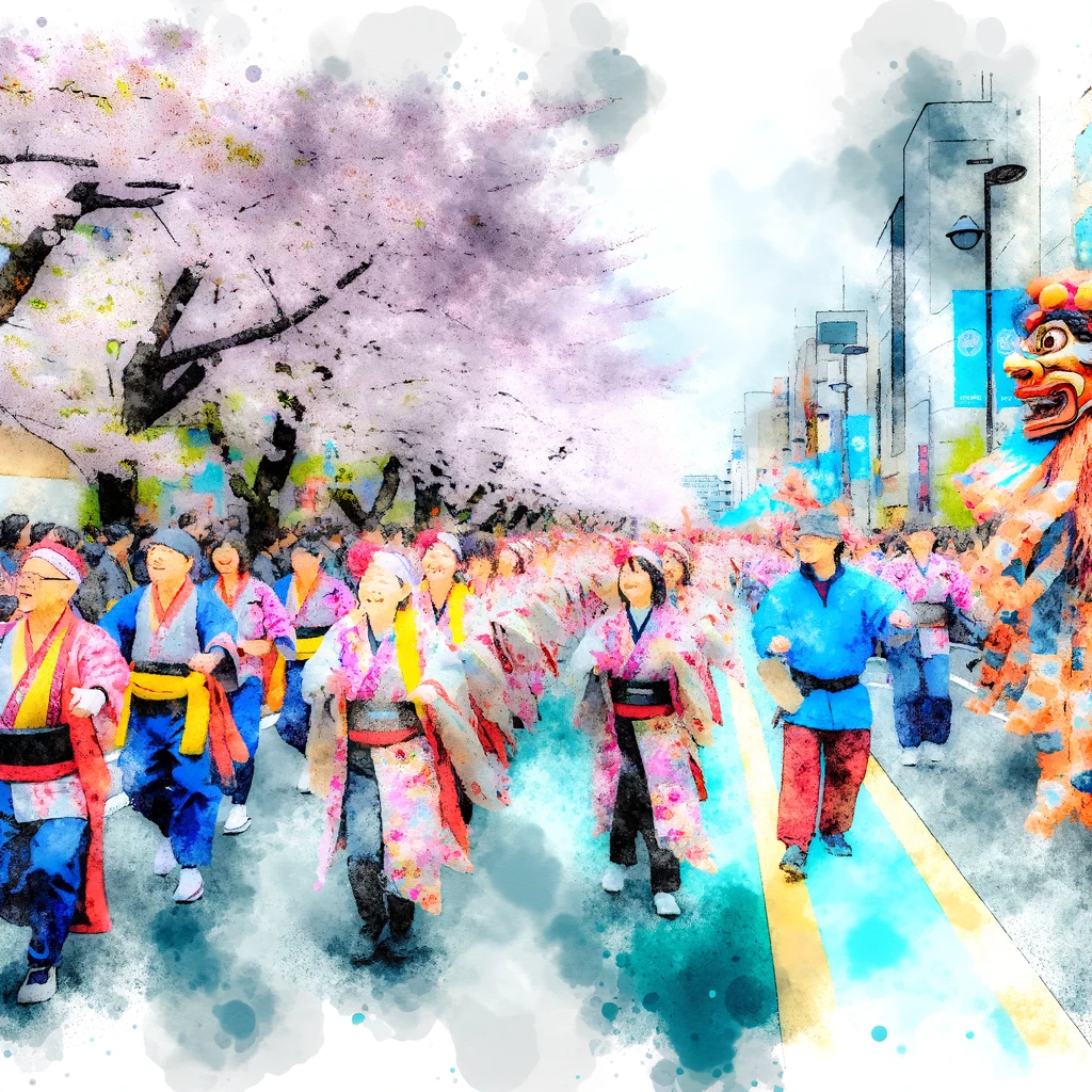  みなとみらい21桜フェスタ2024の祭りのパレードを描いた水彩画で、カラフルな衣装を着た参加者が満開の桜に囲まれた桜通りを歩くエネルギッシュで色鮮やかな様子を表現しています。

