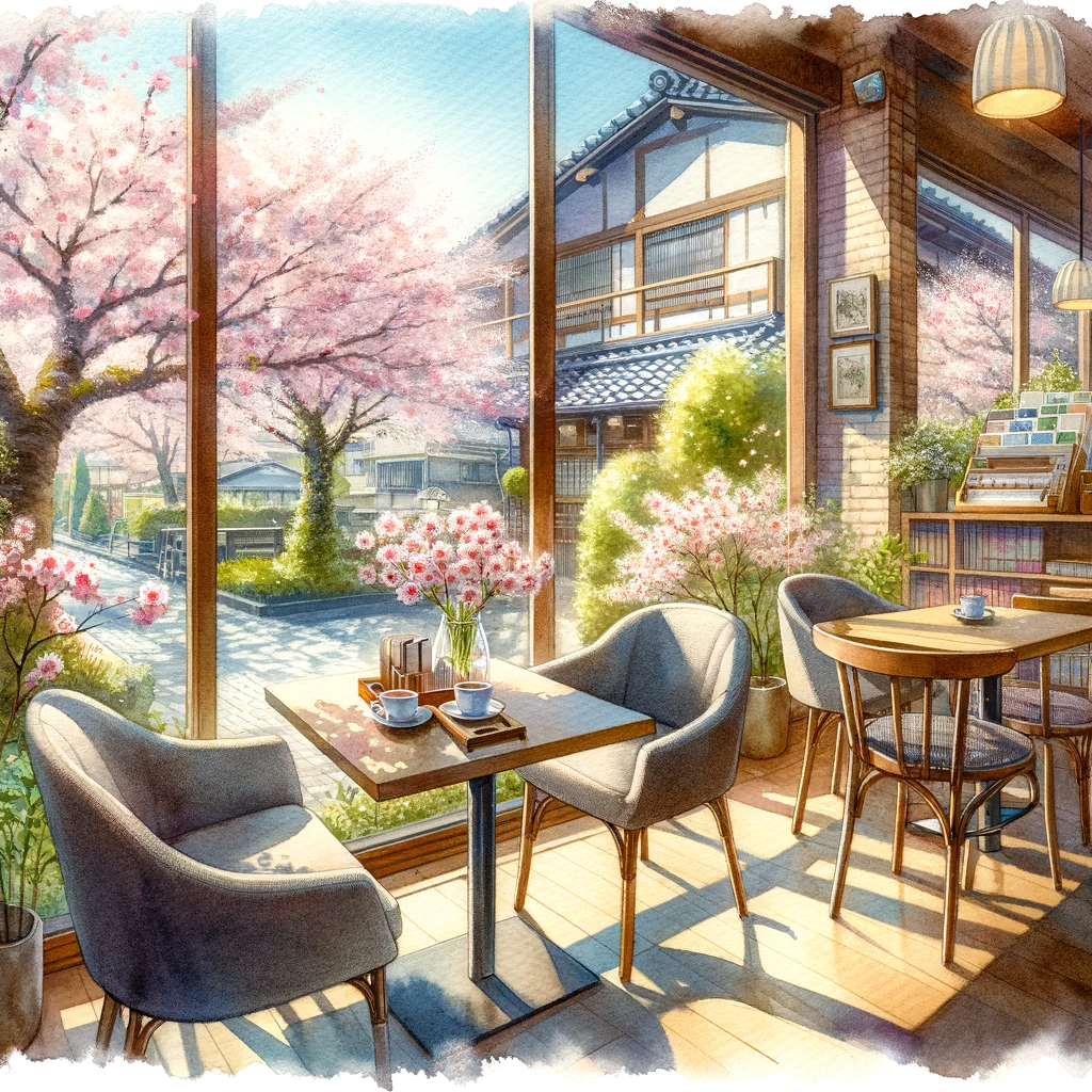 桜の見える窓辺のカフェで、春の日差しを浴びながらゆったりとしたカフェタイムを楽しむ風景を水彩画で描いています。