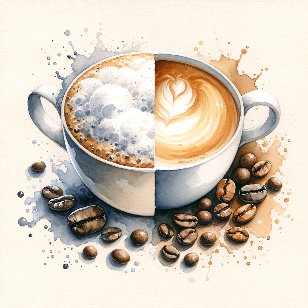カプチーノとカフェオレの違いを、周りにコーヒー豆を散りばめて描いた水彩画