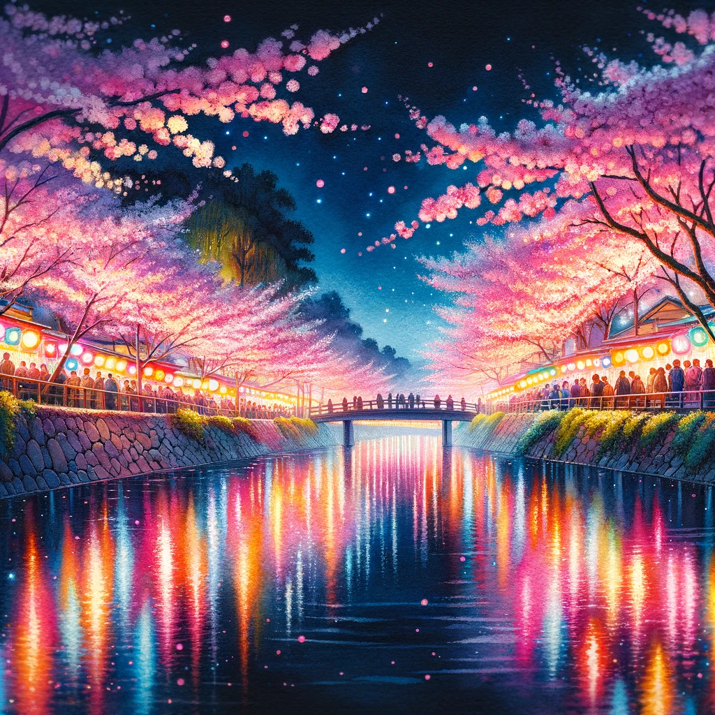 観音寺川での夜の桜を照らすカラフルな祭りの灯り