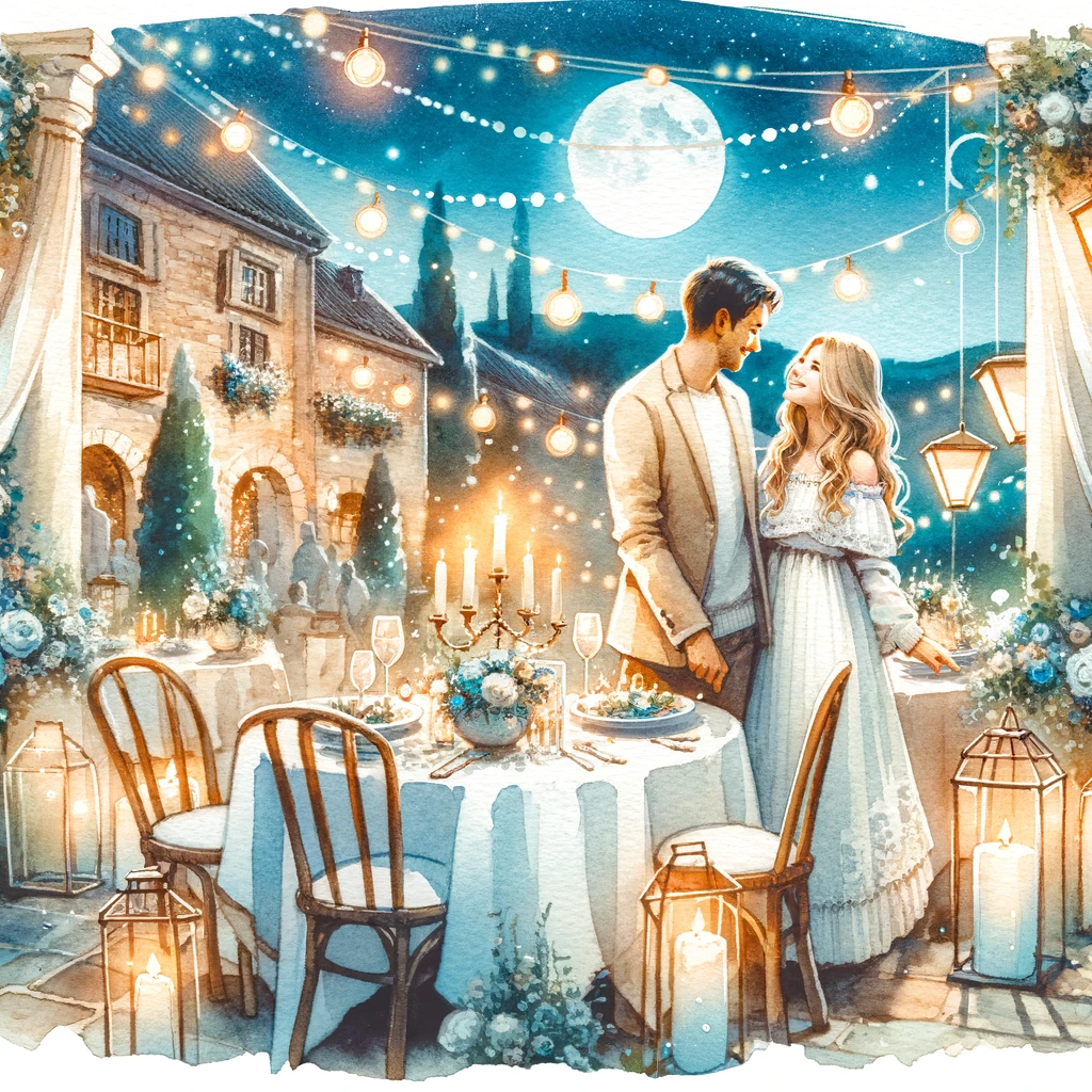 ホワイトデーのデートシーンが水彩画で描かれています。カップルがロマンチックな雰囲気の中で楽しい時間を過ごしている様子が表現されており、暖かく愛情に満ちたシーンが水彩の柔らかなタッチで描かれています。