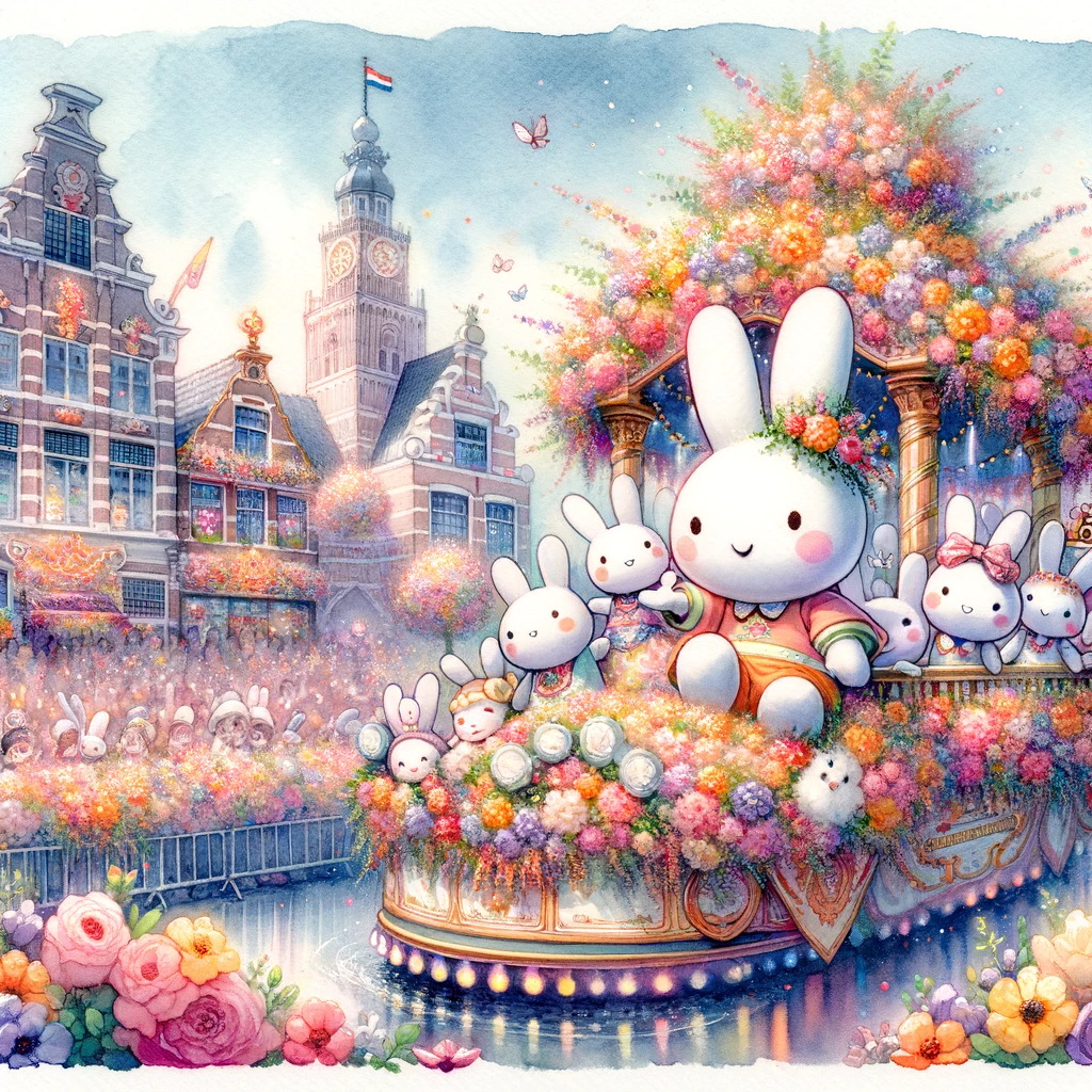 ハウステンボスでのミッフィーお祝いパレードの魔法のようなエッセンスを捉えた水彩画。ミッフィーと友達が色とりどりの花で飾られたフロートに乗り、活気ある群衆に囲まれて喜びを分かち合っている様子が描かれています。