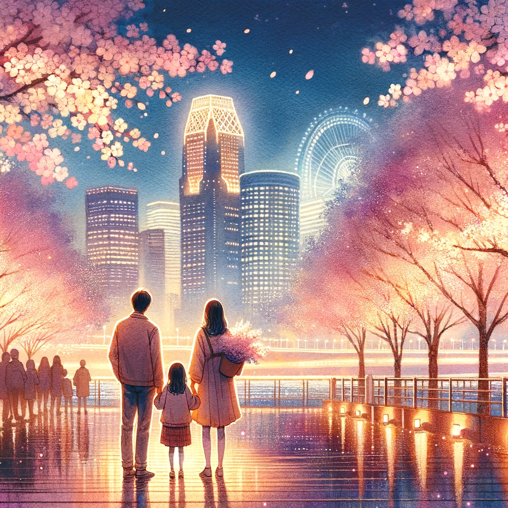 桜のライトアップを楽しむ家族: みなとみらい21桜フェスタ2024の夜、桜のライトアップのもとで温かい瞬間を過ごす家族を描いた水彩画で、美しく照らされた桜と背景のみなとみらいのスカイラインが特別な体験を伝えています。