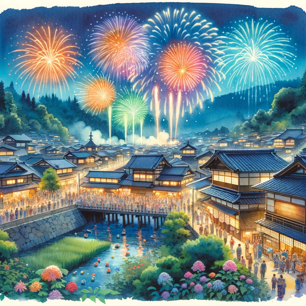 2024年飛騨高山市民花火大会の夜空に打ち上げられるカラフルな花火