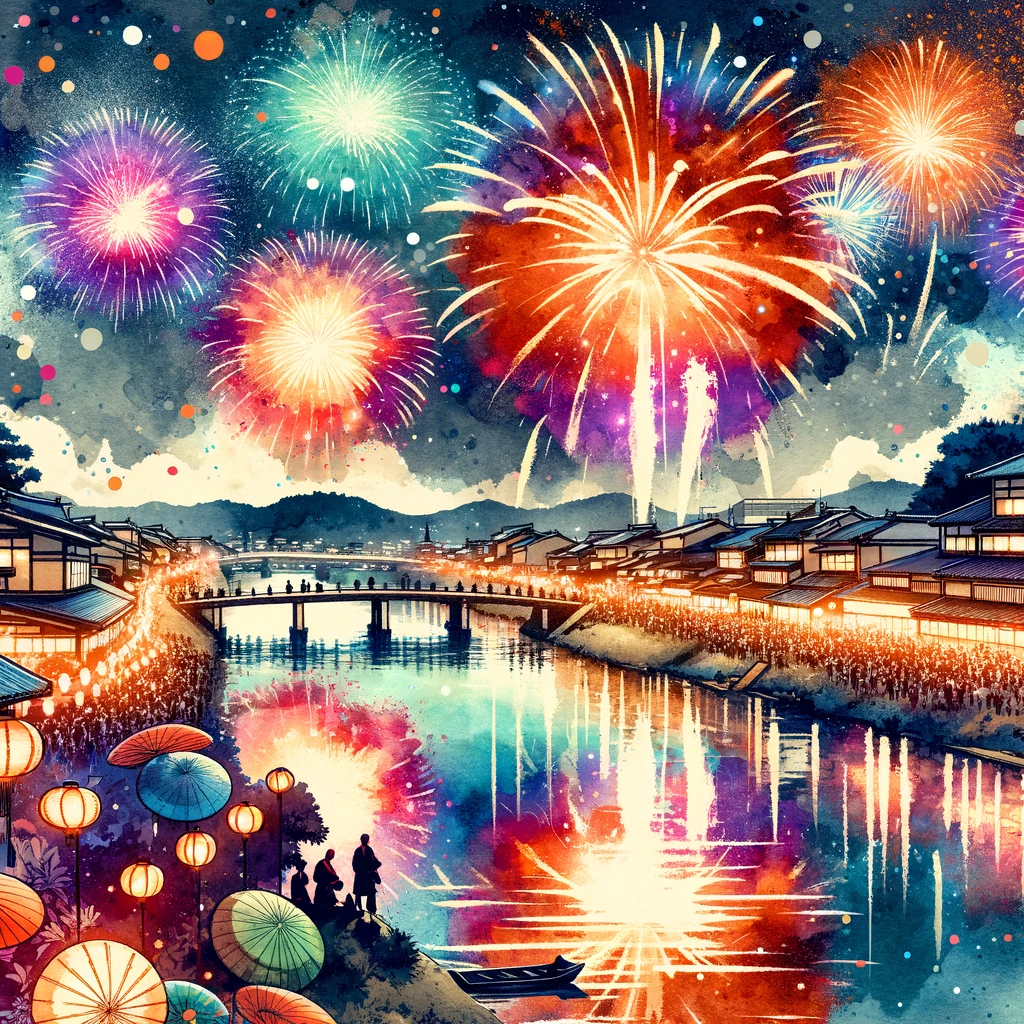 狩野川花火大会の夜空を彩る花火と川に映る反射、観客が見守る様子