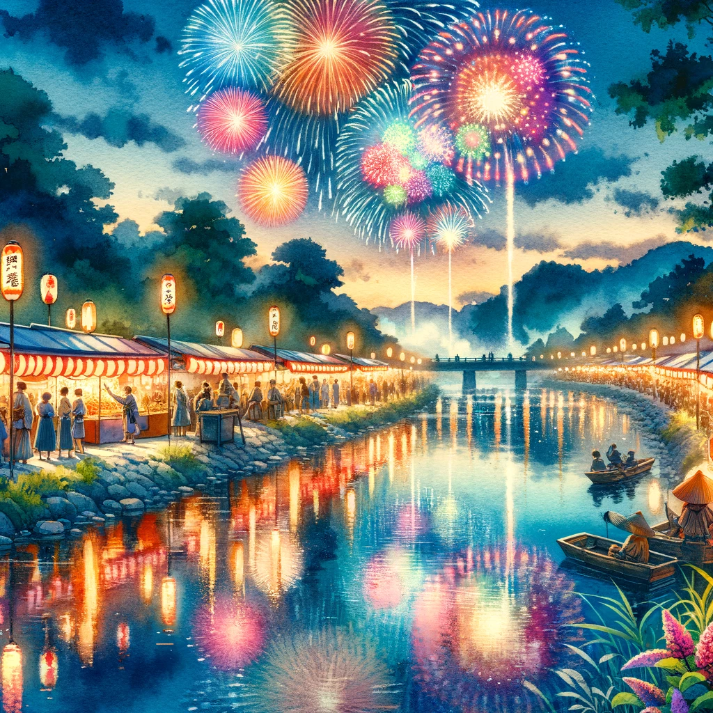 千曲川納涼煙火大会の夜空に広がる華やかな花火と祭りの風景