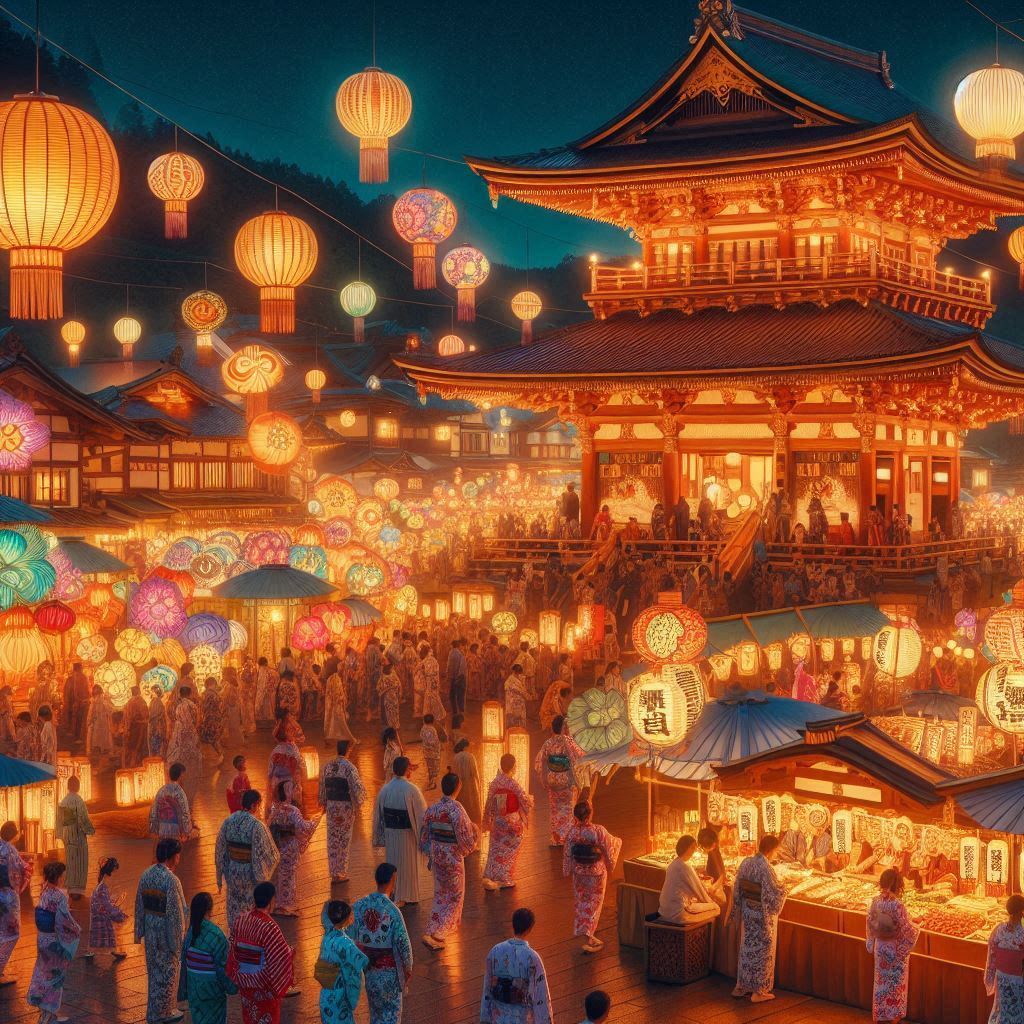 三河一色大提灯まつりの賑やかな祭りのシーン。巨大な提灯が夜を照らし、伝統的な浴衣を着た人々や地元の美味しい料理を売る屋台が諏訪神社を背景に並んでいる。