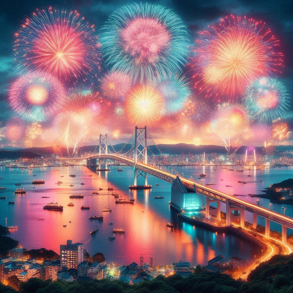関門海峡花火大会の夜空を彩る花火と、ライトアップされた関門橋の絶景