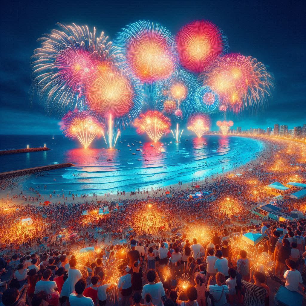 大洗海上花火大会の様子。夜空に広がる色鮮やかな花火と、海面に映る花火の反射が美しい。
