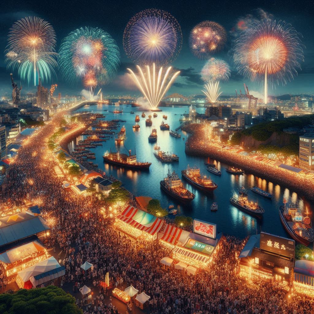 酒田の花火2024の夜空に打ち上げられる色鮮やかなスターマイン、水上花火、音楽花火。背景には賑わう観客と伝統的な屋台、酒田港が映し出されています。