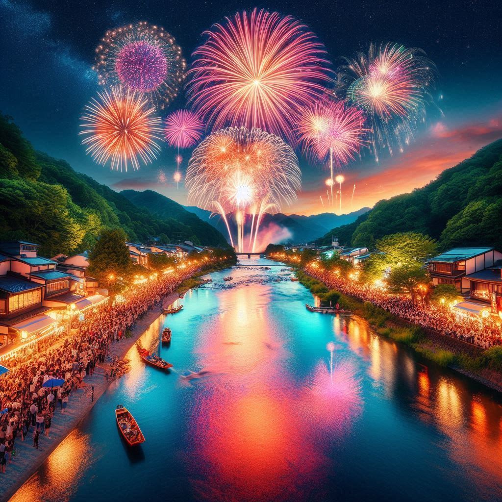夜空を彩る壮大な鮫川花火大会の打ち上げ花火と川に映る光景