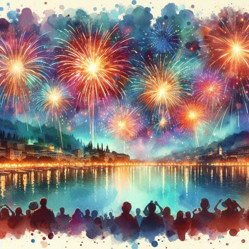 諏訪湖まつり湖上花火大会で、湖上に大きく広がる色鮮やかな花火。湖畔の街の夜景と、花火を見上げる人々のシルエット。
