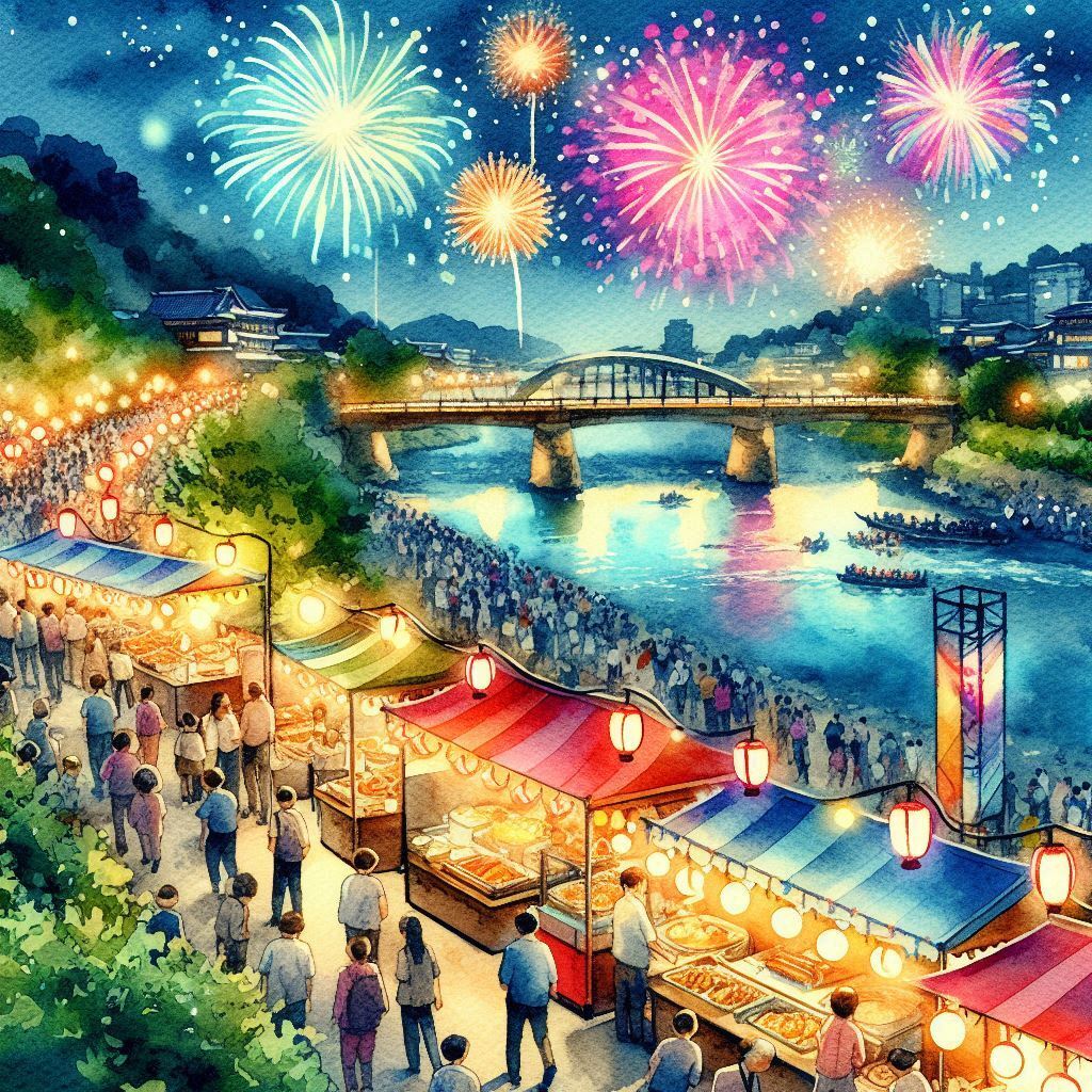 利根川花火大会の夜空に広がる色鮮やかな花火と、イベントを楽しむ多くの観客、そして雰囲気を盛り上げる屋台の風景