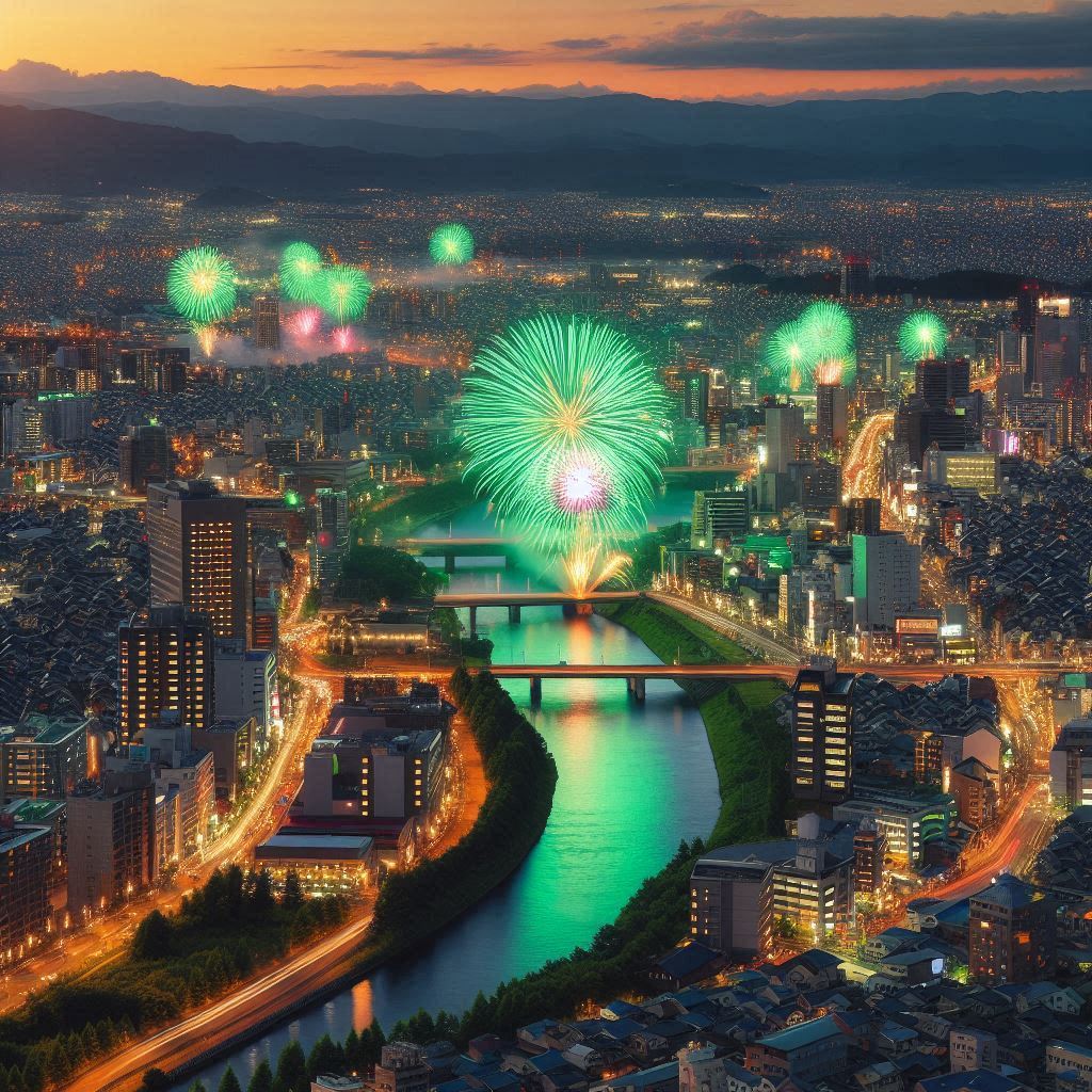 緑に彩られた花火が仙台の夜空を照らす東北未来芸術花火