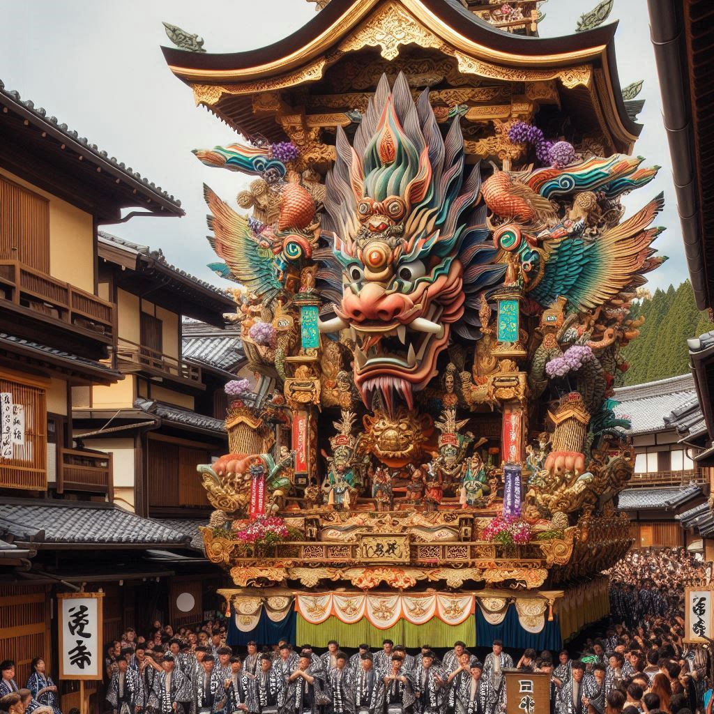 前波曳山祭りで複雑な彫刻と鮮やかな旗で飾られた巨大な曳山が練り歩く