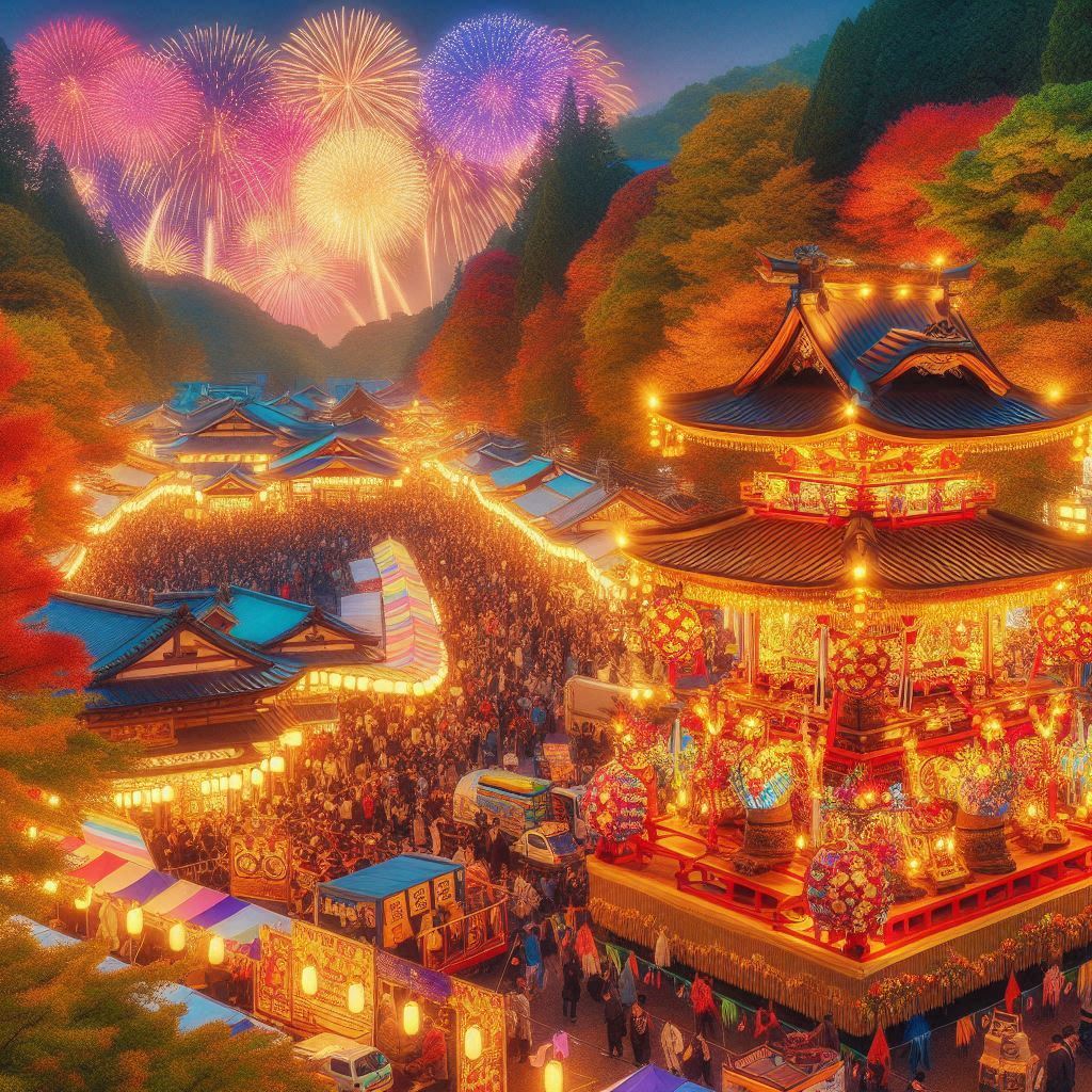 名川秋まつり2024のにぎやかなシーン。伝統的な神輿巡行、夜空を彩るカラフルな花火、秋の紅葉が美しい公園での祭りの屋台が並ぶ風景。