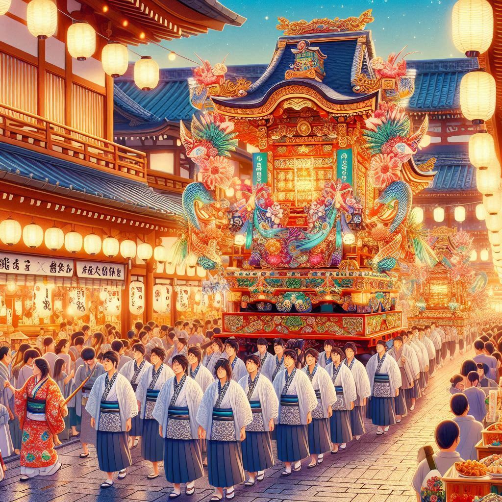 中条祭りのカラフルな御神輿がにぎやかな通りを進む様子、伝統的な屋台や装飾が並び、中条日枝神社と美しい提灯が背景に見える。