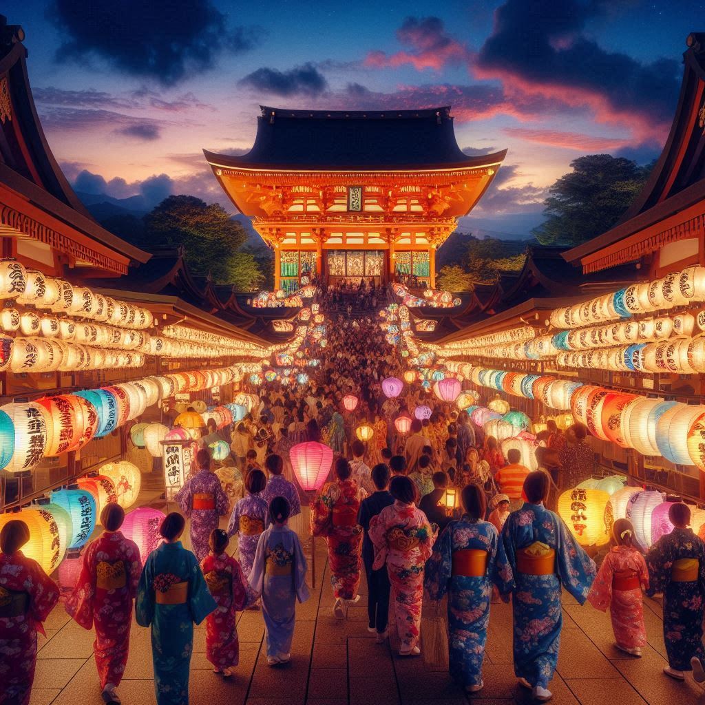 宗吾霊堂御待夜祭の夜、伝統的な提灯、浴衣を着た人々、美しく照らされた神社の境内