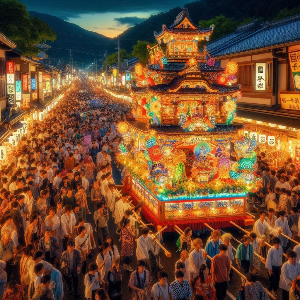 2024年の牛倉神社秋祭りの神輿パレード、夜のライトアップされた山車、賑わう屋台と観客が楽しんでいる様子を描いたイラスト